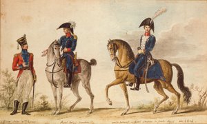Sveitsisk offiser for 4. regiment, rytter fra Royal Emigre Cavalry og montert nasjonalgarde, 1814 (gouache)